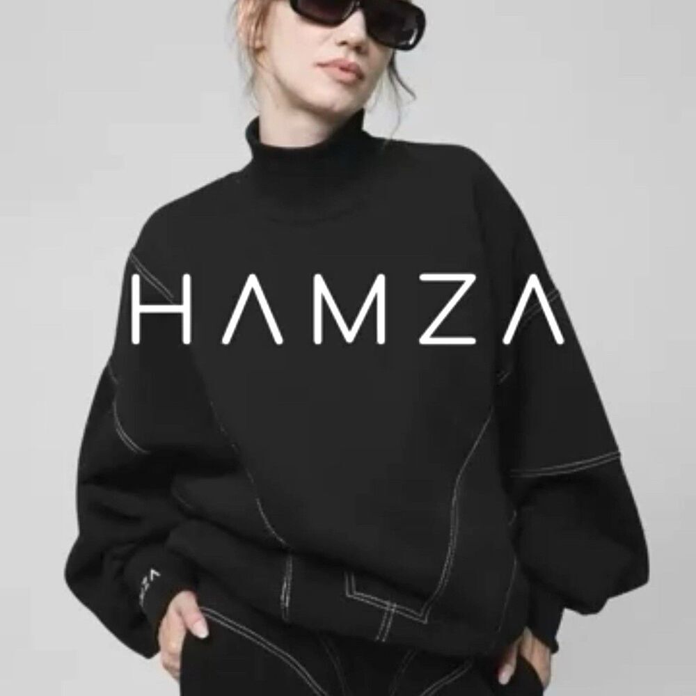 HAMZA Black Mock Neck Sweatshirt Women’s L Contrast Stitch Pullover Oversized